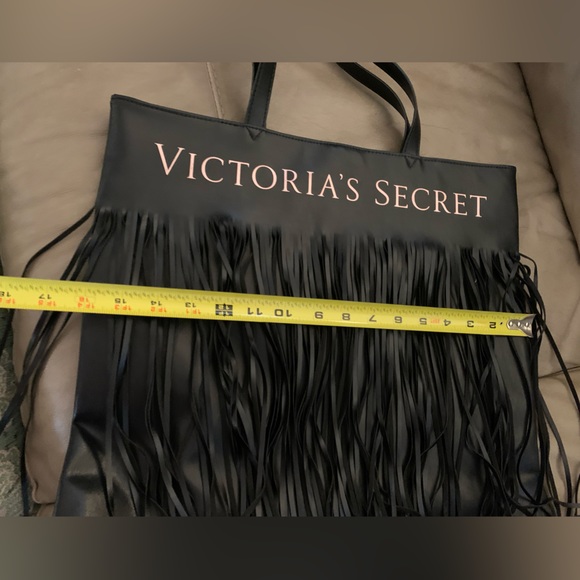 VICTORIAS SECRET Black Fringe PVC Double Handle Large Tote BAG Lined - Picture 5 of 8